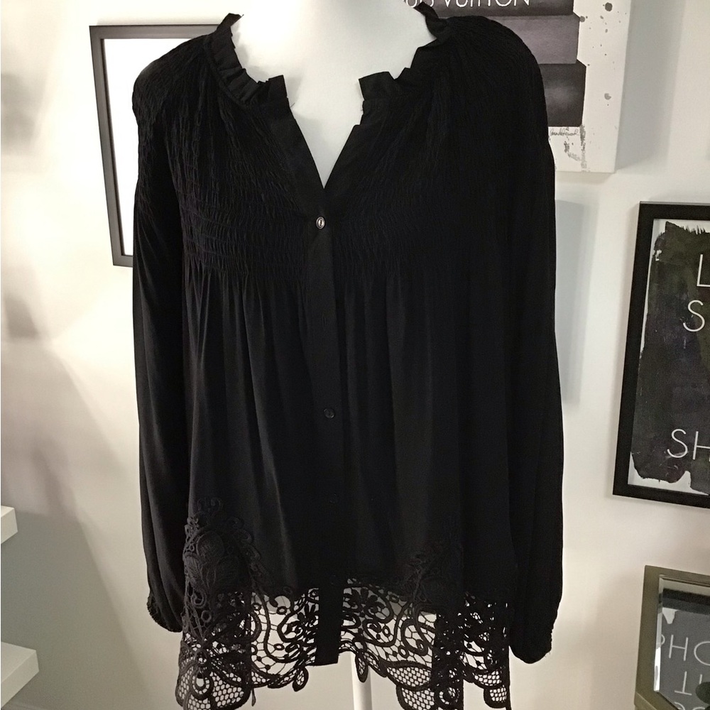 Scully Black Button-Up Blouse with Lace Hem